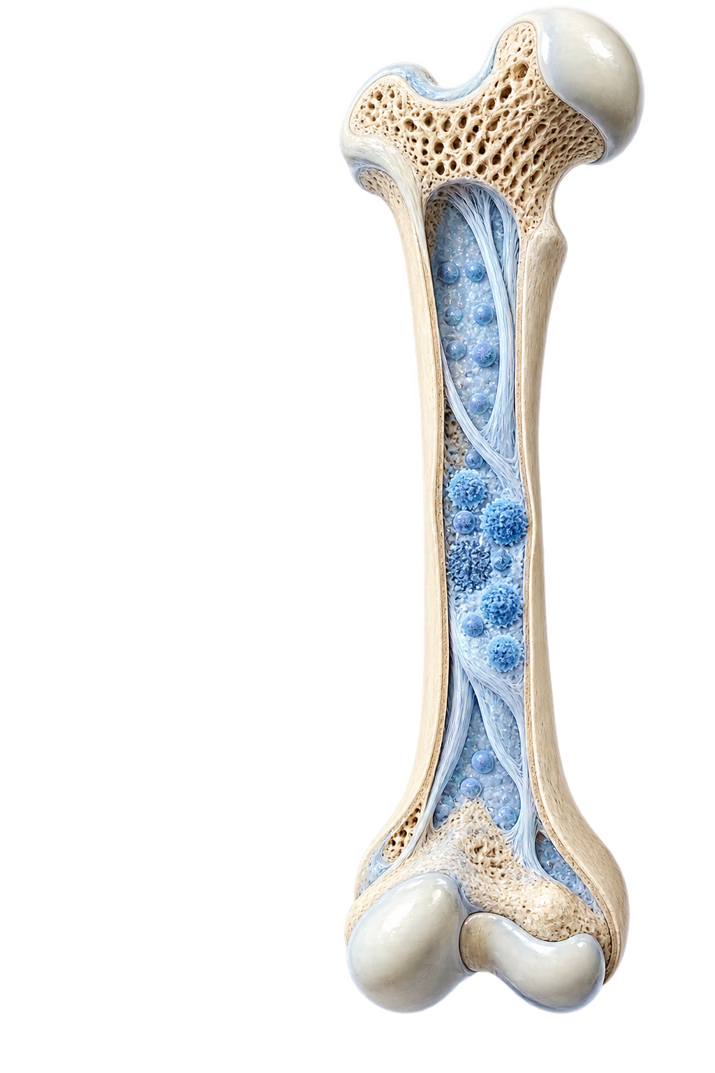 Cutaway illustration of a long bone with blue marrow and connective tissue